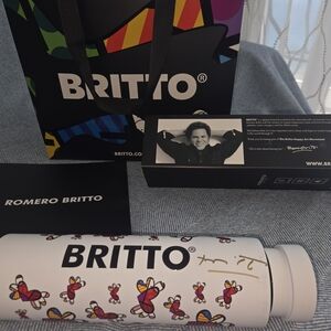 Autographed Britto White Stainless Steel Bottle Heart Butterfly Design